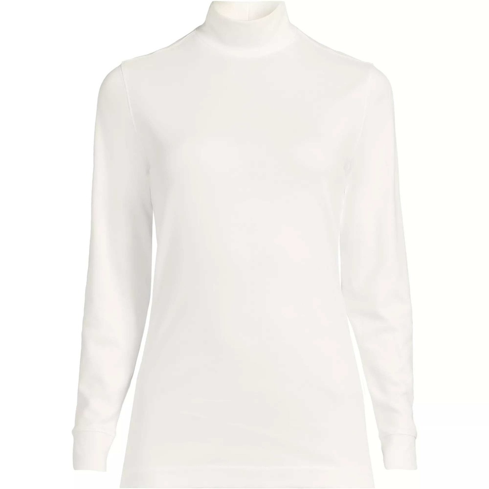 Lands End Women Mock Neck Cotton Top XL Ivory Relaxed Fit Long Sleeve Layering